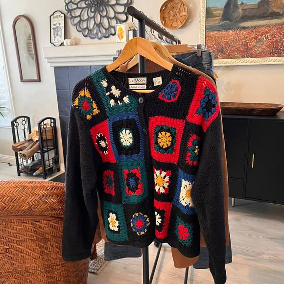 Le Moda Sweater Womens Size Medium Vintage Black Knitted by Hand Granny Square - Picture 16 of 16